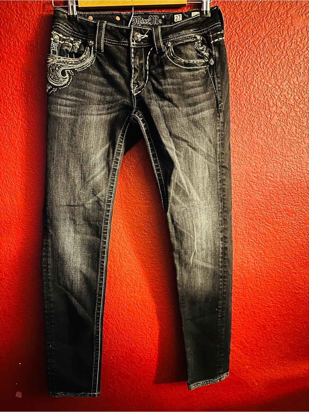 Miss Me Dark Blue Washed Skinny Jeans with Embroidered Pockets